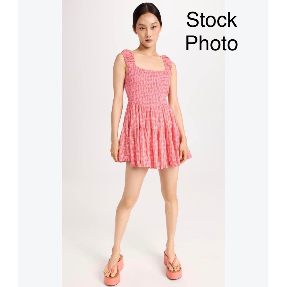 Free People Sweet Annie Smocked Mini Dress Ruffle Strap Pink Orange Print Medium